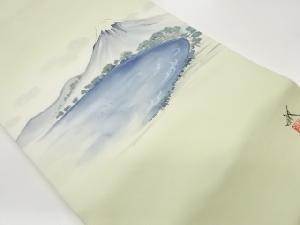 作家物　手描き富士山・湖風景模様開き名古屋帯（額縁仕立て）